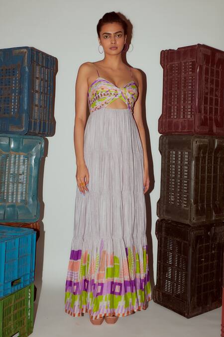 Buy_Nirmooha_Multi Color Crepe Sweetheart Neck Geometric Print Maxi Dress _Online_at_Aza_Fashions