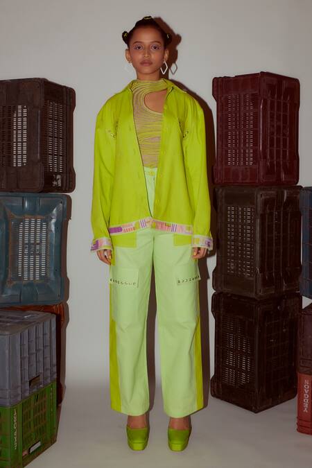 Shop_Nirmooha_Green Denim Collared Geometric Print Back Yoke Jacket _Online_at_Aza_Fashions