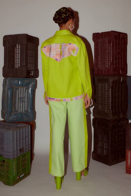 Nirmooha_Green Denim Collared Geometric Print Back Yoke Jacket _at_Aza_Fashions