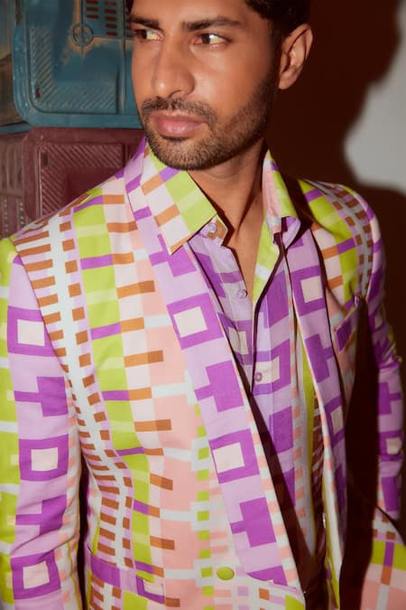 Nirmooha_Multi Color Linen Geometric Print Double Breasted Blazer _Online_at_Aza_Fashions