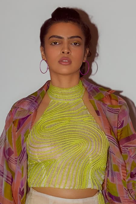 Nirmooha_White Organza Cut Work Halter Neck Cording Detail Crop Top _Online_at_Aza_Fashions