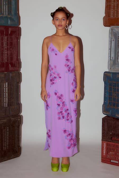 Buy_Nirmooha_Purple Microfiber Embroidery Plunge Neck Floral Slit Dress _Online_at_Aza_Fashions