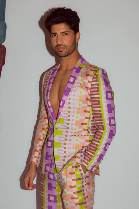Nirmooha_Multi Color Linen Geometric Print Single Breasted Blazer _Online_at_Aza_Fashions