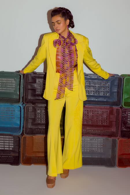 Nirmooha_Yellow Microfiber Embroidery Linear Cording Detail Flared Pant _Online_at_Aza_Fashions