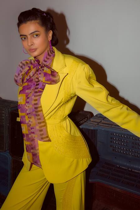 Nirmooha_Yellow Microfiber Collared Cording Detail Blazer _Online_at_Aza_Fashions