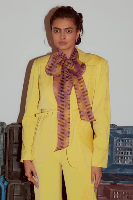 Shop_Nirmooha_Yellow Microfiber Collared Cording Detail Blazer _Online_at_Aza_Fashions