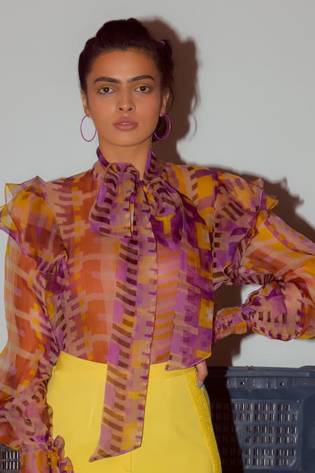 Nirmooha_Yellow Organza Geometric Print Tie-up Neck Top _Online_at_Aza_Fashions