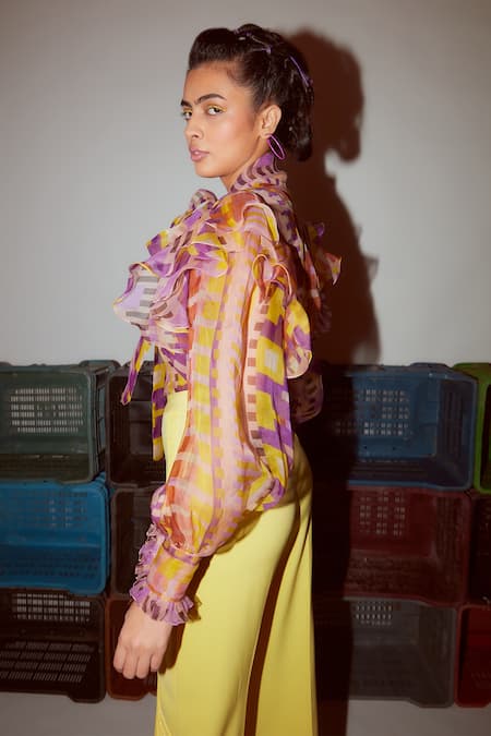 Buy_Nirmooha_Yellow Organza Geometric Print Tie-up Neck Top _Online_at_Aza_Fashions
