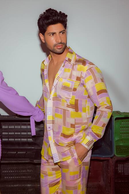 Buy_Nirmooha_Peach Chiffon Geometric Print Shirt And Pant Set _Online_at_Aza_Fashions