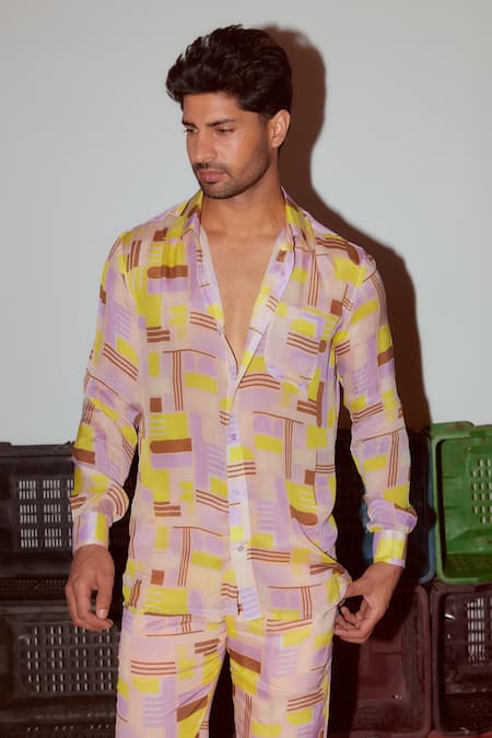 Shop_Nirmooha_Peach Chiffon Geometric Print Shirt And Pant Set _Online_at_Aza_Fashions