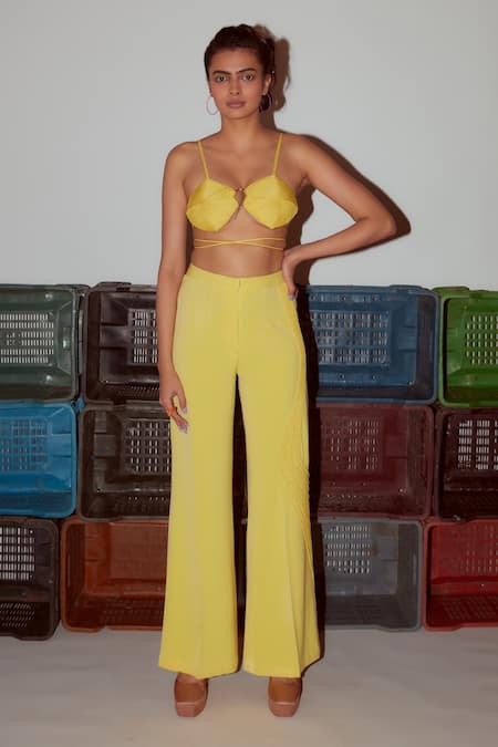 Buy_Nirmooha_Yellow Microfiber Embroidery Linear Cording Detail Flared Pant _Online_at_Aza_Fashions