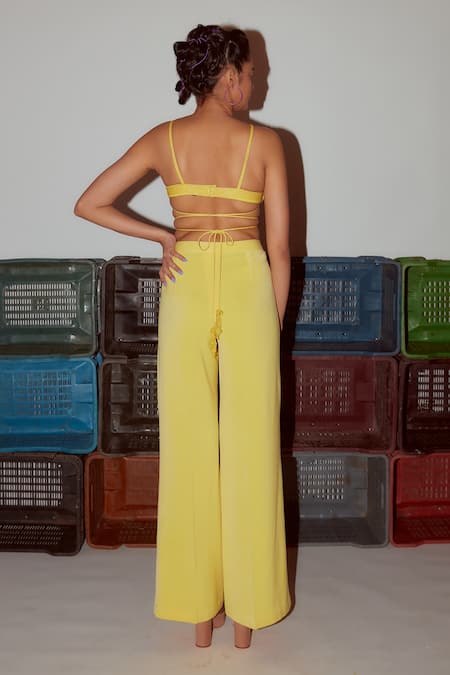 Nirmooha_Yellow Microfiber Embroidery Linear Cording Detail Flared Pant _at_Aza_Fashions