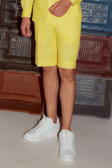 Nirmooha_Yellow Linen Shorts _Online_at_Aza_Fashions