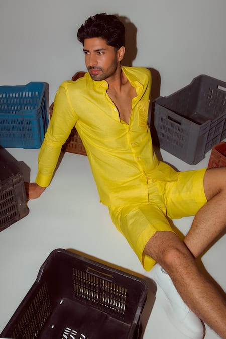 Shop_Nirmooha_Yellow Linen Shorts _Online_at_Aza_Fashions