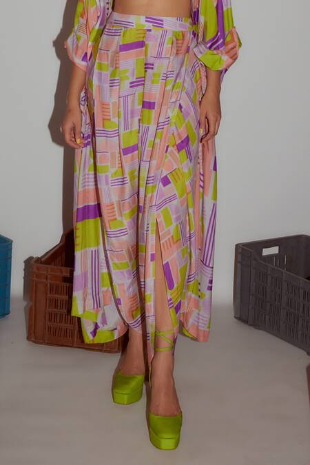 Shop_Nirmooha_Multi Color Muslin Geometric Print Draped Pant _Online_at_Aza_Fashions