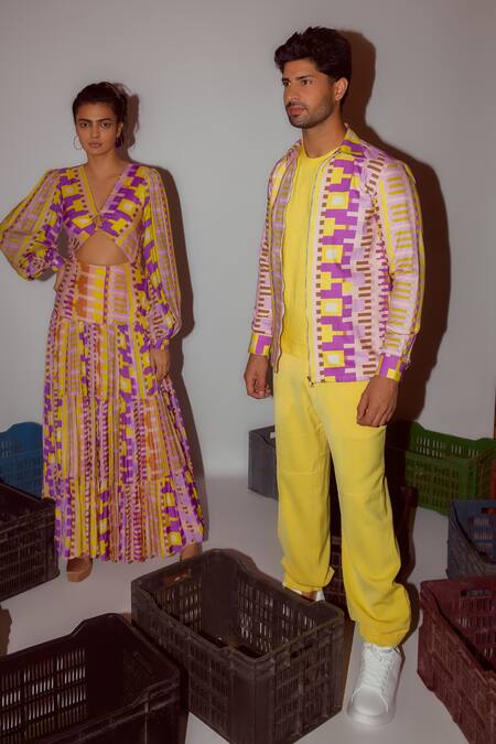 Nirmooha_Multi Color Denim Geometric Print Bomber Jacket _Online_at_Aza_Fashions