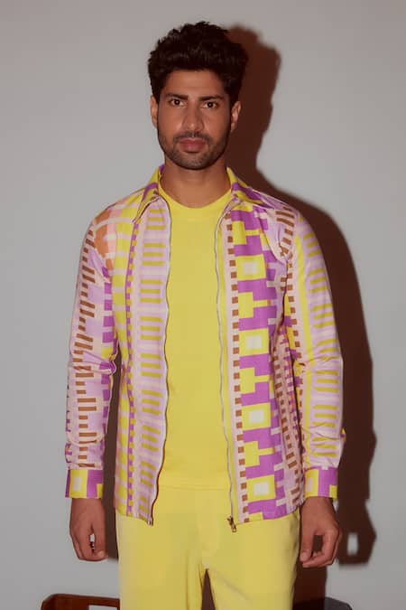 Buy_Nirmooha_Multi Color Denim Geometric Print Bomber Jacket _Online_at_Aza_Fashions