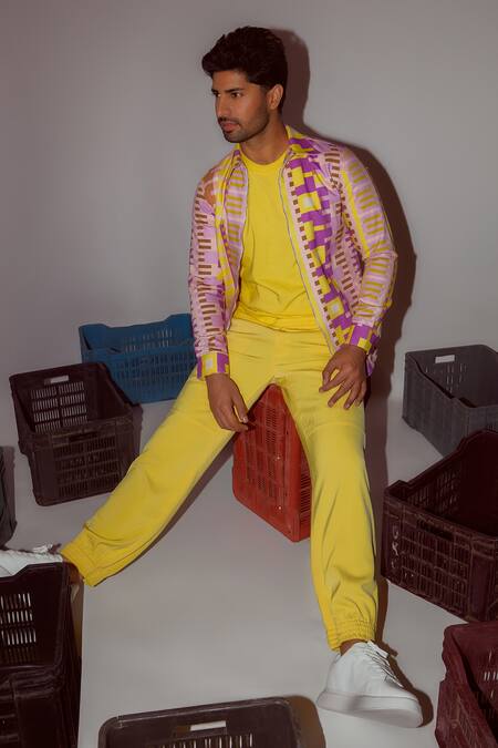 Shop_Nirmooha_Multi Color Denim Geometric Print Bomber Jacket _Online_at_Aza_Fashions