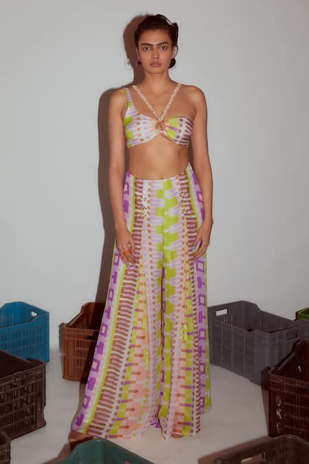 Nirmooha_Multi Color Chiffon Geometric Print Flared Pant _Online_at_Aza_Fashions