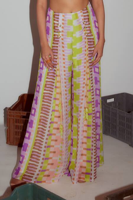 Buy_Nirmooha_Multi Color Chiffon Geometric Print Flared Pant _Online_at_Aza_Fashions
