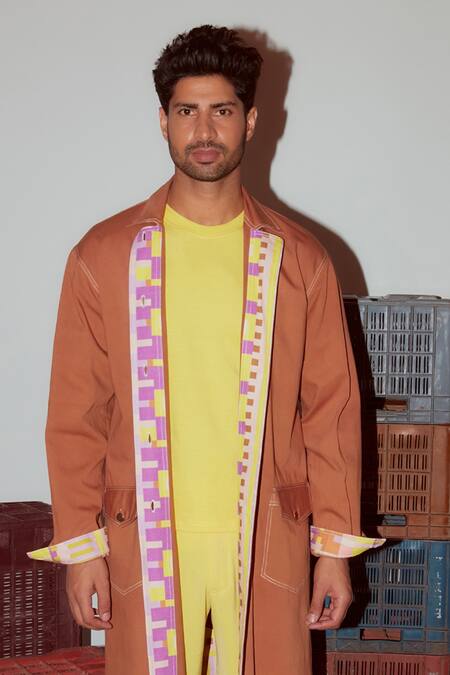 Nirmooha_Brown Denim Geometric Print Detail Trench Jacket _Online_at_Aza_Fashions