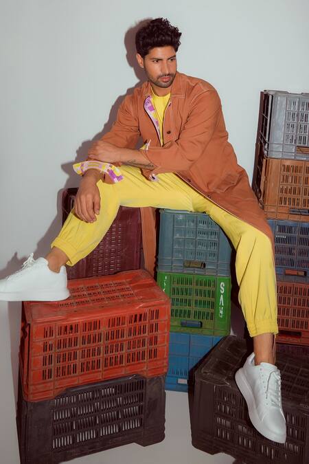 Shop_Nirmooha_Brown Denim Geometric Print Detail Trench Jacket _Online_at_Aza_Fashions