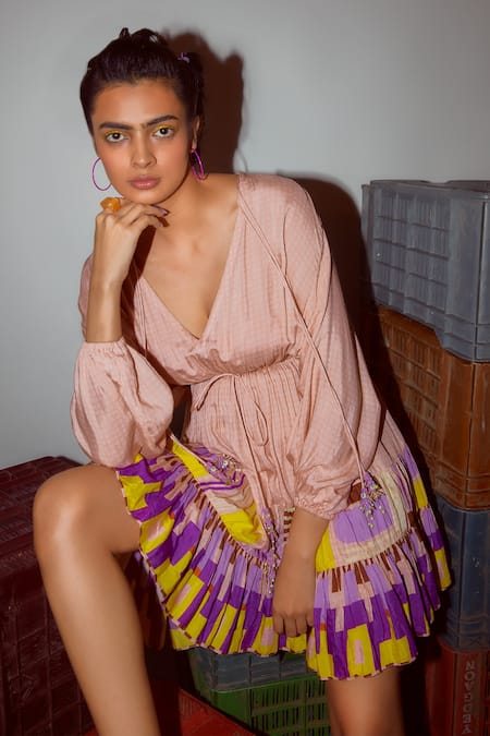 Buy_Nirmooha_Peach Muslin Tassels Plunge Neck Geometric Print Tie-up Detail Dress _Online_at_Aza_Fashions