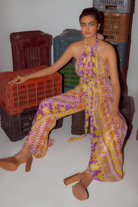 Buy_Nirmooha_Yellow Georgette, Lurex Halter Neck Geometric Print Jumpsuit _Online_at_Aza_Fashions