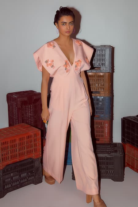 Nirmooha_Peach Microfiber Embroidery V-neck Yoke Jumpsuit _Online_at_Aza_Fashions