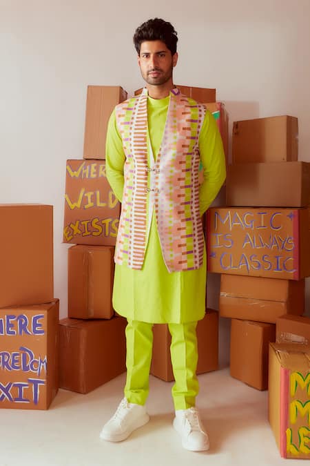 Buy_Nirmooha_Multi Color Linen Geometric Printed Bundi And Kurta Set _Online_at_Aza_Fashions