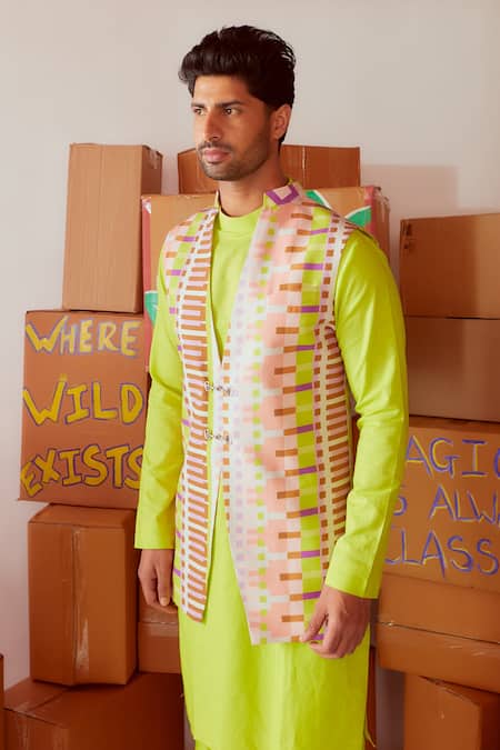 Shop_Nirmooha_Multi Color Linen Geometric Printed Bundi And Kurta Set _Online_at_Aza_Fashions