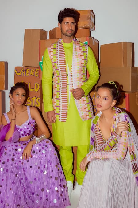 Nirmooha_Multi Color Linen Geometric Printed Bundi And Kurta Set _at_Aza_Fashions