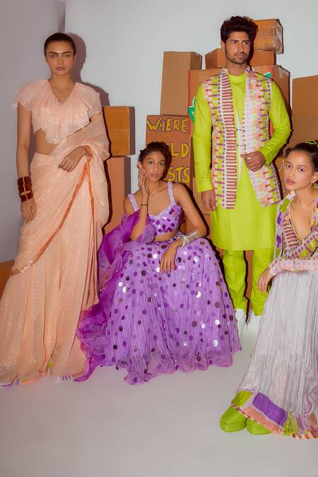 Shop_Nirmooha_Peach Lurex Sequins, Tassels V-neck Pre-draped Sharara Saree With Ruffle Blouse _Online_at_Aza_Fashions