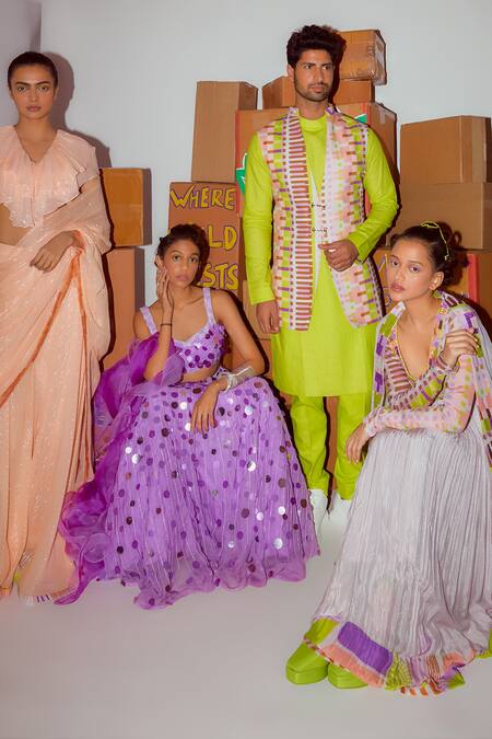 Nirmooha_Multi Color Chiffon Beads Plunge Neck Geometric Print Anarkali With Dupatta _Online_at_Aza_Fashions