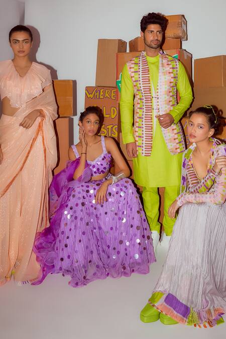 Buy_Nirmooha_Purple Organza Sequins V-neck Embroidered Lehenga Set _Online_at_Aza_Fashions