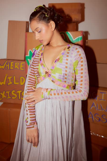 Shop_Nirmooha_Multi Color Chiffon Beads Plunge Neck Geometric Print Anarkali With Dupatta _Online_at_Aza_Fashions