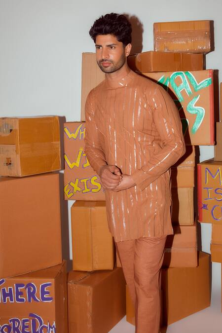 Buy_Nirmooha_Brown Cotton, Linen Band Collar Kurta Set _Online_at_Aza_Fashions