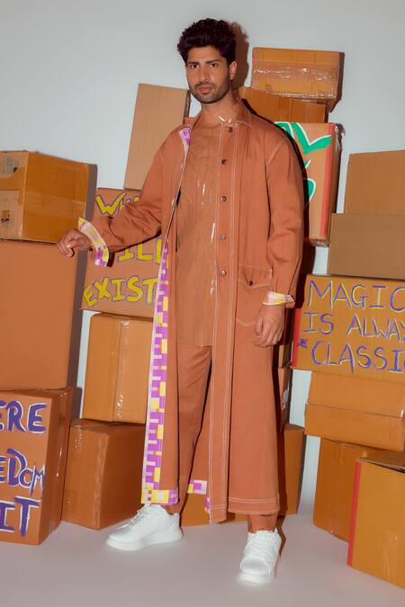 Nirmooha_Brown Denim Geometric Print Detail Trench Jacket _at_Aza_Fashions