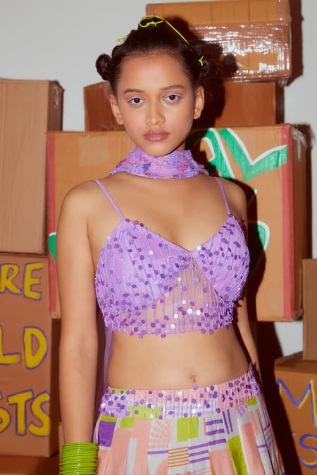 Buy_Nirmooha_Multi Color Net, Muslin Sequins V-neck Geometric Print Lehenga Set _Online_at_Aza_Fashions