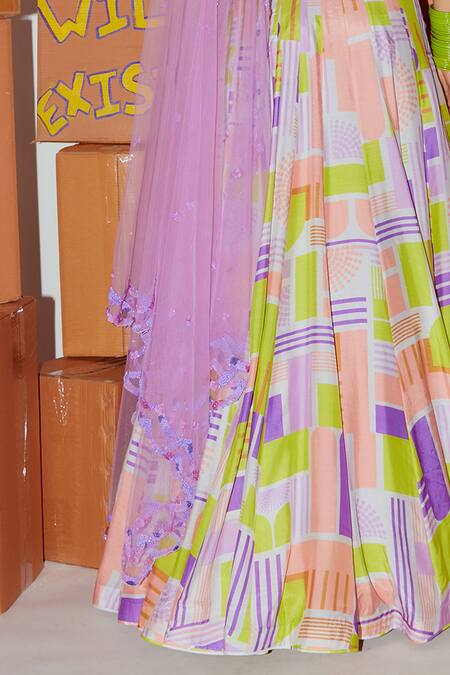 Shop_Nirmooha_Multi Color Net, Muslin Sequins V-neck Geometric Print Lehenga Set _Online_at_Aza_Fashions