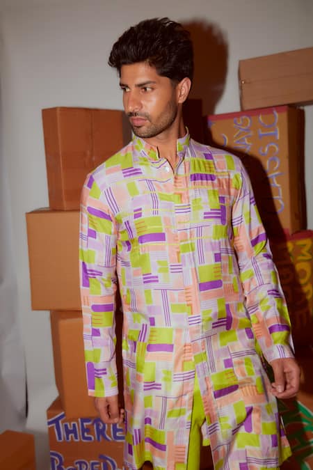 Nirmooha_Multi Color Muslin, Linen Geometric Print Kurta Set _Online_at_Aza_Fashions