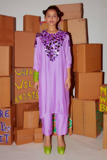 Nirmooha_Purple Muslin Sequins Round Neck Embroidered Yoke Kurta And Pant Set _Online_at_Aza_Fashions