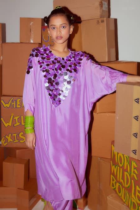 Buy_Nirmooha_Purple Muslin Sequins Round Neck Embroidered Yoke Kurta And Pant Set _Online_at_Aza_Fashions