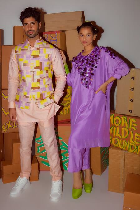 Shop_Nirmooha_Purple Muslin Sequins Round Neck Embroidered Yoke Kurta And Pant Set _Online_at_Aza_Fashions