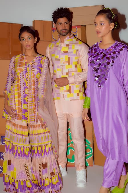 Buy_Nirmooha_Multi Color Linen Geometric Print Bundi And Kurta Set _Online_at_Aza_Fashions