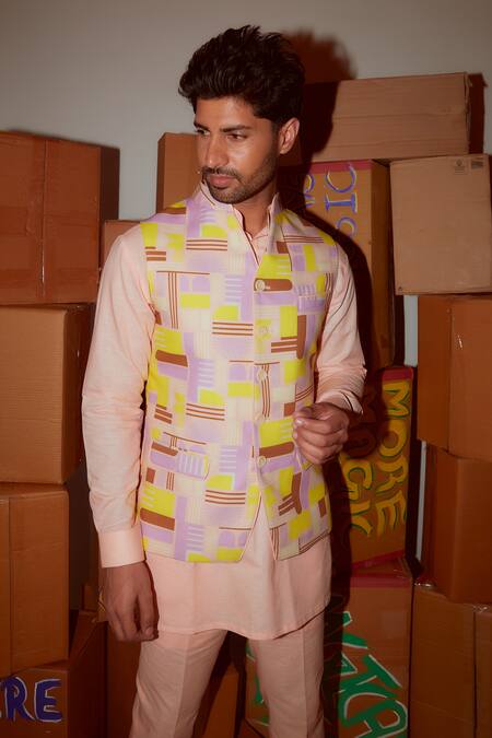 Shop_Nirmooha_Multi Color Linen Geometric Print Bundi And Kurta Set _Online_at_Aza_Fashions
