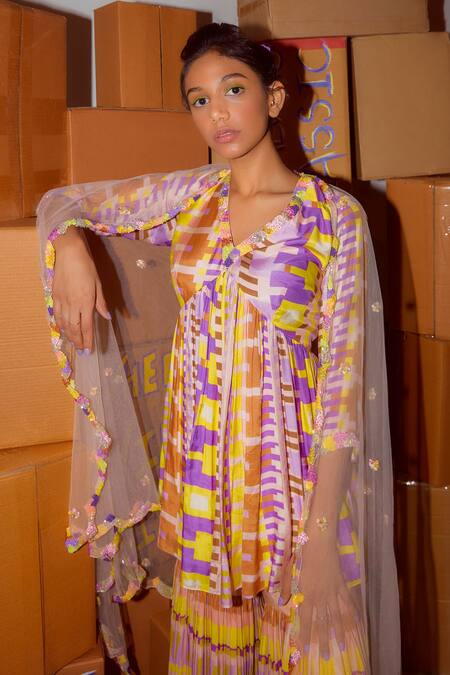 Nirmooha_Multi Color Muslin, Net Beads V-neck Geometric Print Kurta Sharara Set _Online_at_Aza_Fashions