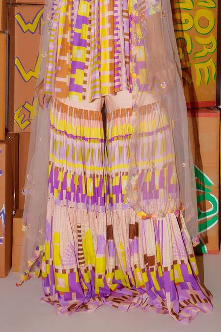 Buy_Nirmooha_Multi Color Muslin, Net Beads V-neck Geometric Print Kurta Sharara Set _Online_at_Aza_Fashions