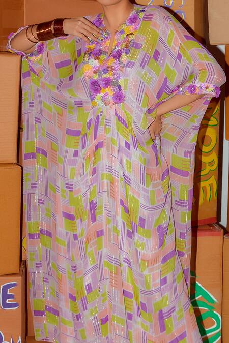 Buy_Nirmooha_Multi Color Lurex Beads Round Neck Geometric Print Kaftan _Online_at_Aza_Fashions