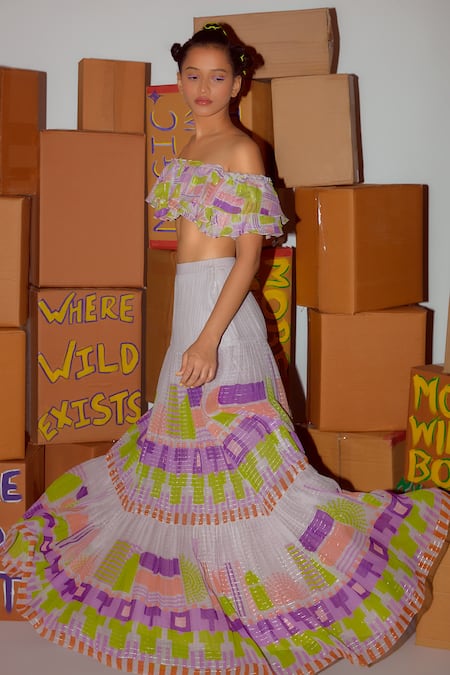 Shop_Nirmooha_Multi Color Georgette Ruffles Off-shoulder Geometric Print Top And Skirt Set _Online_at_Aza_Fashions